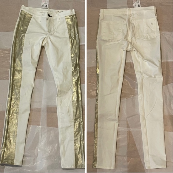 NWT! Rag & Bone Ivory Gold Lambskin Lamb Leather Trim Jeans 27 Intermix - Picture 15 of 16
